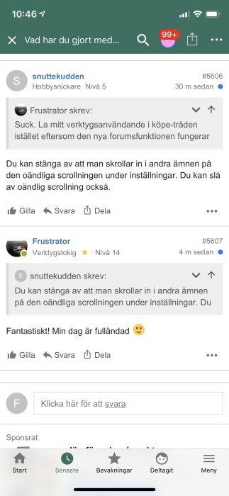 Skärmdump av en diskussionstråd på ett forum där användare pratar om scroll-inställningar.