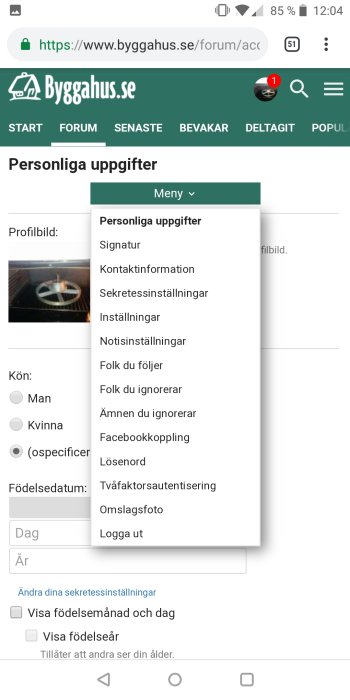 Skärmdump från byggforum visar profilinställningsmeny på mobil.