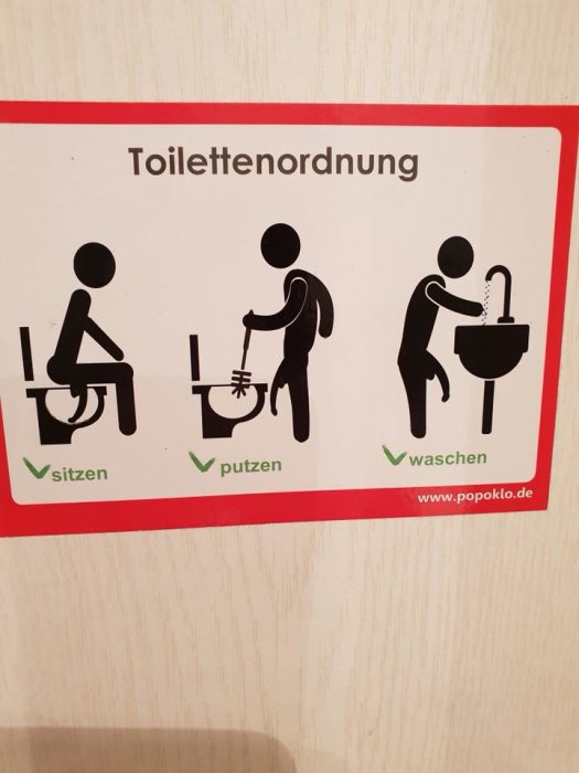 Illustration av regler för toalettanvändning med figurer som visar sittande, städande och handtvätt.