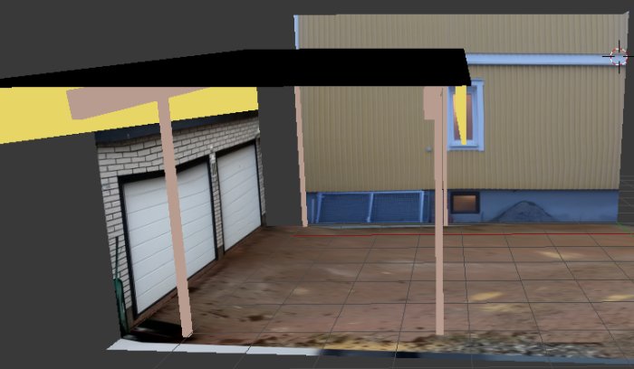 3D-modell av hus med tillbyggnad i form av tak över entré och garage.
