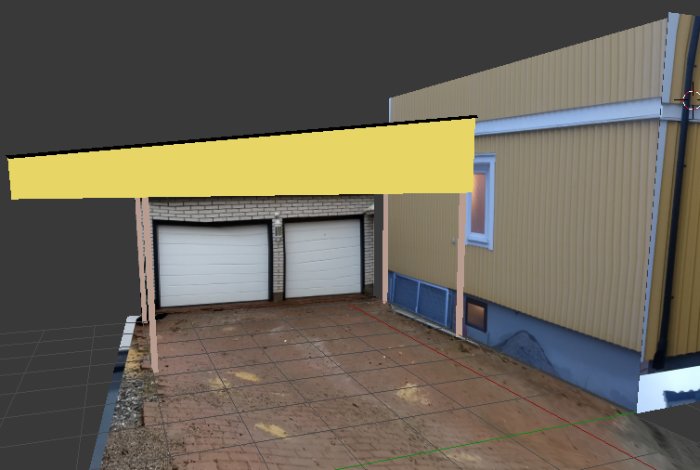 3D-modellerat hus med dubbelgarage och föreslagen carport i olika längder.