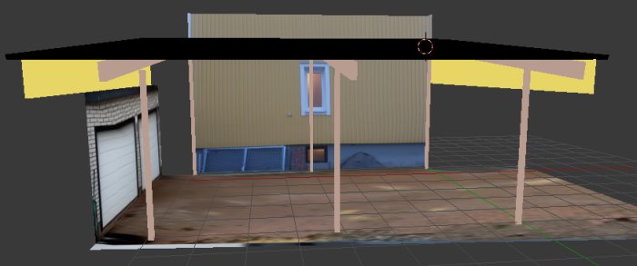 3D-modellerad översikt av hus med olika carportalternativ i relation till garaget.