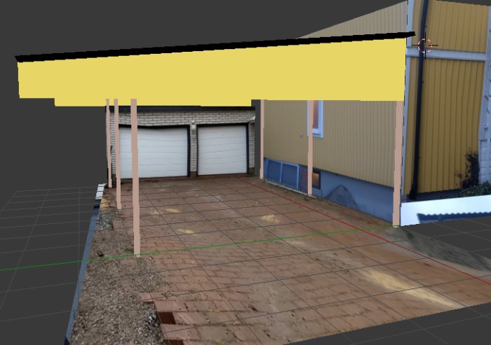 3D-modellerad bild av en husfasad med garage och en virtuell pergola över infarten.