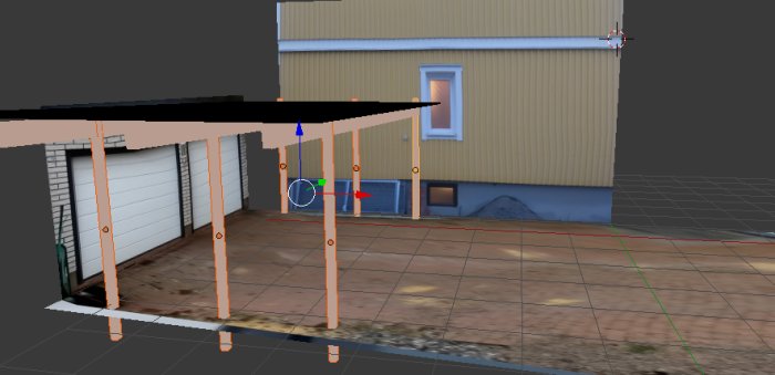 3D-modell av ett hus med en föreslagen tillbyggnad, inkluderande stolpar och tak, bredvid ett garage.