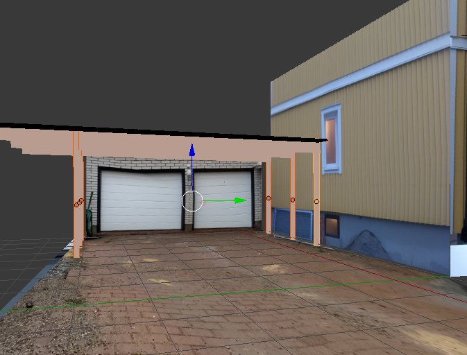 3D-modelleringsbild av hus med tre olika längder på tillbyggnad vid garage.