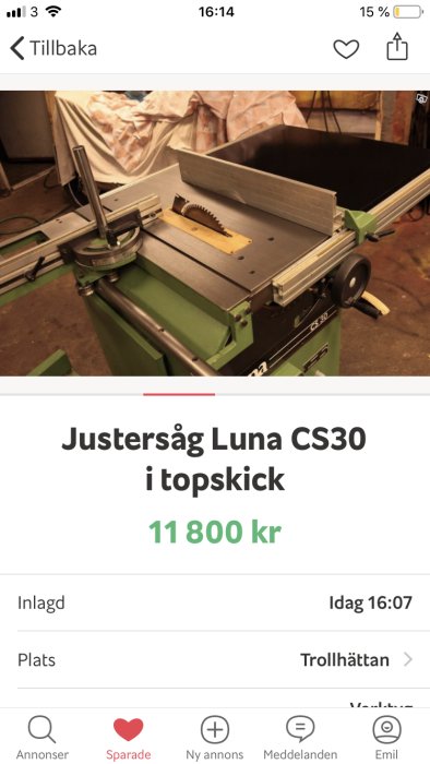 Väl underhållen Justersåg Luna CS30 till salu visas på bild.