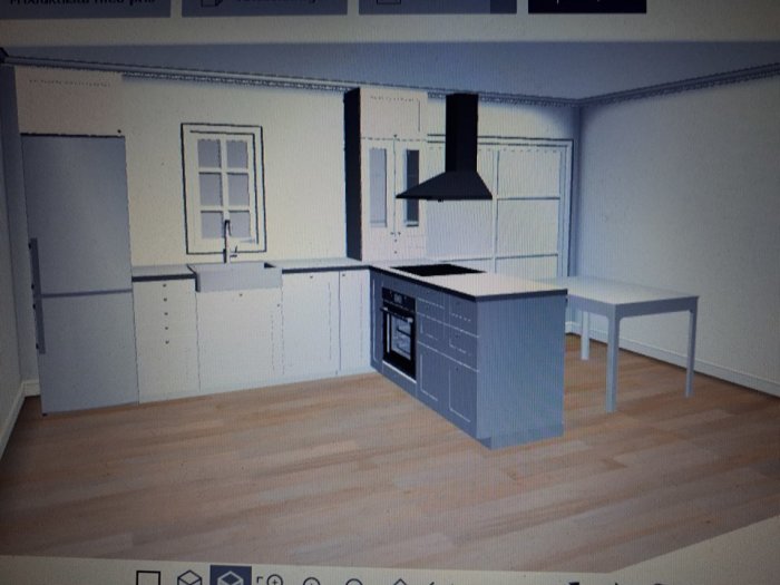 3D-ritning av ett köksdesign med skåp, spis, fläkt och bord.