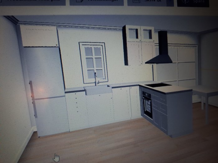 3D-rendering av ett köksdesignförslag med vit skåpinredning, köksö och fönster.