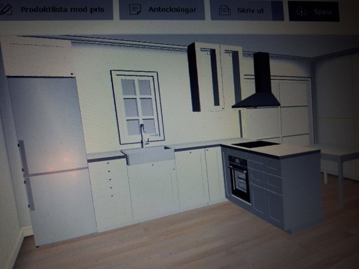3D-ritning av ett kök med vita skåp, svarta handtag, häll och fläkt samt ett fönster.
