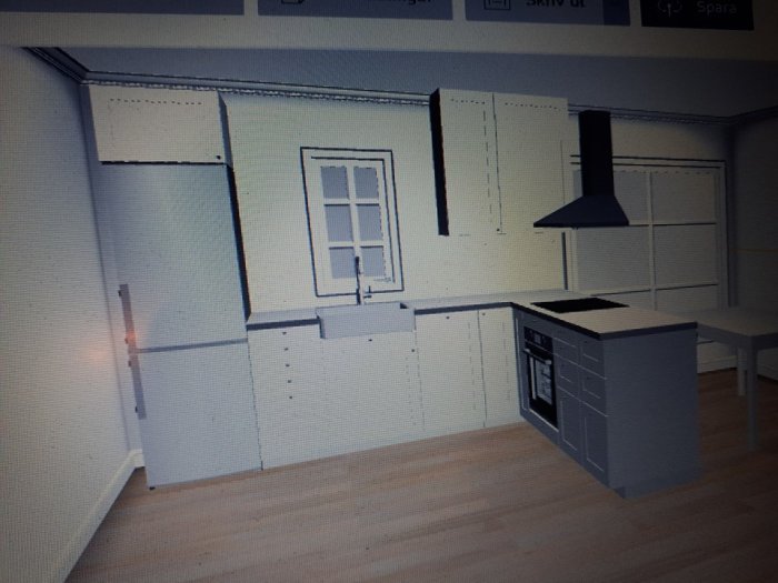 3D-ritning av ett kök med vita skåp, ökök, fönster och köksfläkt.