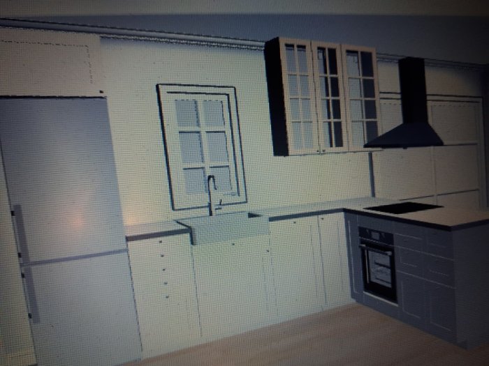 3D-rendering av ett kök med skåp, ugn och köksfläkt.planlösning
