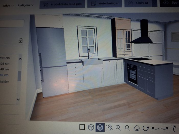 Datorgenererad bild av ett köksdesignförslag med skåp, vitvaror och köksö.