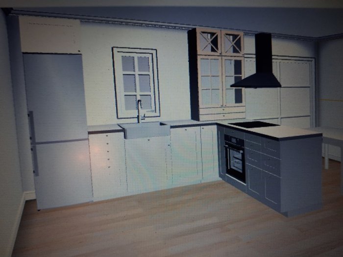 3D-rendering av ett kök med vita skåp, grått köksö och integrerade vitvaror.