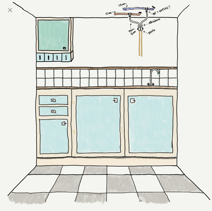 Handritad skiss av kök med VVS-plan, inkluderar dimensioner för rör och T-kopplingar.