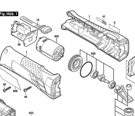 Exploded view diagram of a Bosch GOP10.8 power tool showing components and assembly.