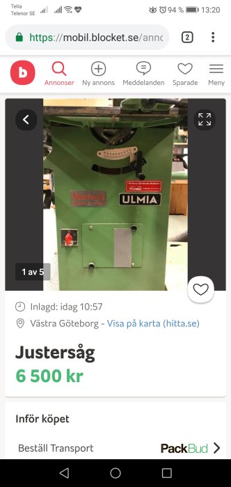 Grön ULMIA justersåg till salu på bild från annonsplattform.