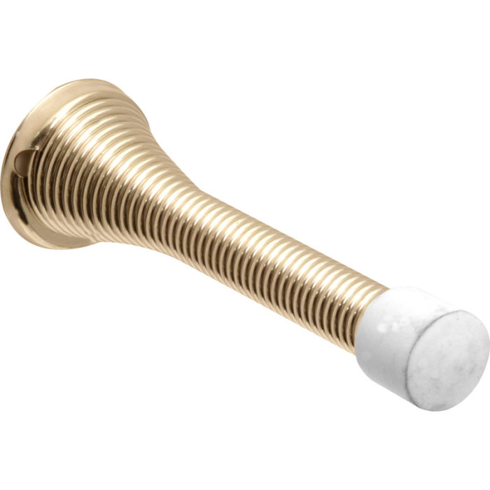 Guldtonad fjäderformad dörrstopp med vit gummiknopp på slutet.