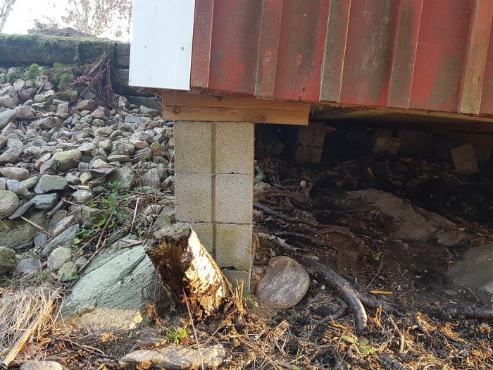 Grund till äldre sommarstuga med betongblock staplade oregelbundet på stenar och brädbitar under rödfärgad plåt.