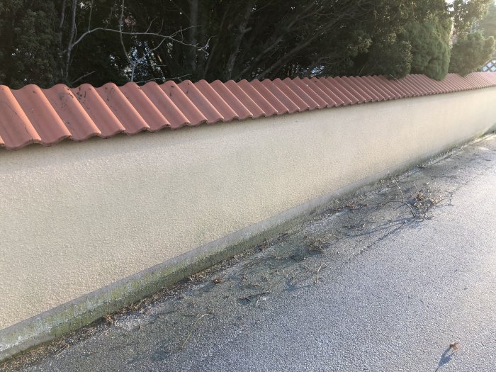 Betongmur längs en gata med takpannor på toppen och gröna buskar som sticker upp bakom muren.