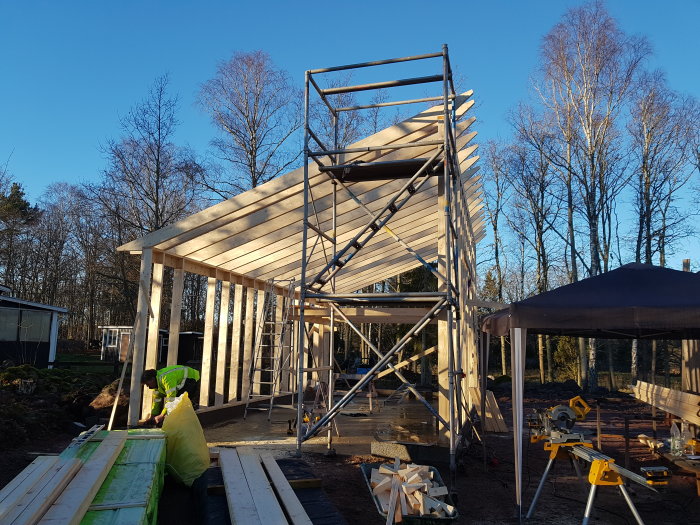 Pågående bygge av garage med trästomme och takkonstruktion, utan fönster, klar himmel i bakgrunden.