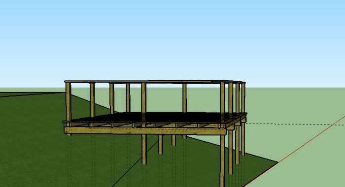 3D-skiss av en planerad altan på slänt med räcke och stödplintar.