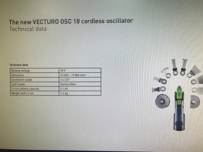 Vecturo OSC 18 sladdlös oscillator med tekniska data och diverse verktygsfästen som passar till Starlock-systemet.