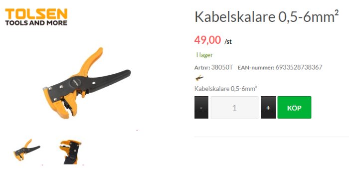 Kabelskalare från Tolsen i öppet och stängt läge, annonserad för 49 kronor på en webshop.