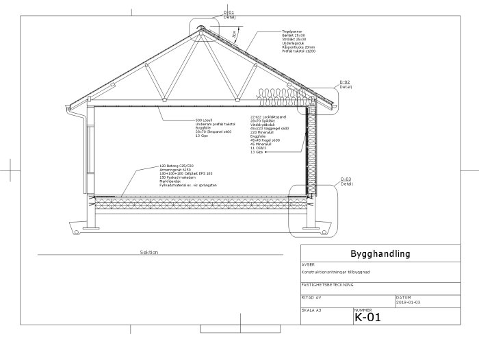 Teknisk ritning av en byggsektion som visar konstruktionen av ett hus med detaljer för grundläggning som använder ALBA-balkar.