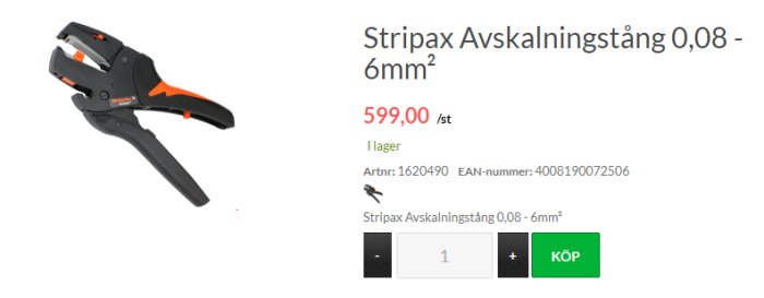 Stripax avskalningstång för 0,08-6mm² kablar, svart och orange, för 599 SEK på produktinformationssida.