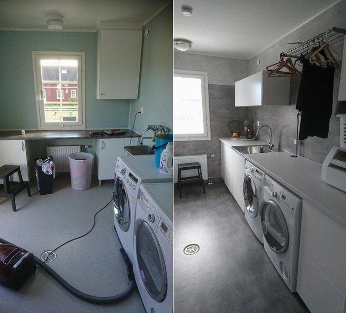 Före-och-efter-bilder av en renoverad tvättstuga, första bilden mer spartansk och andra mer modern.