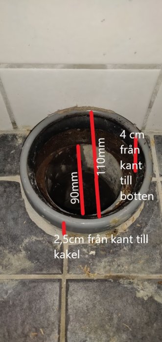 Toalettavlopp med mätmarkeringar som visar avståndet mellan rör och vägg samt rörets storlek i ett badrum.