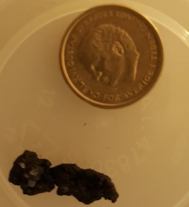 Svarta klumpar med vita korn bredvid en svensk enkrona för storleksjämförelse på en vit yta.
