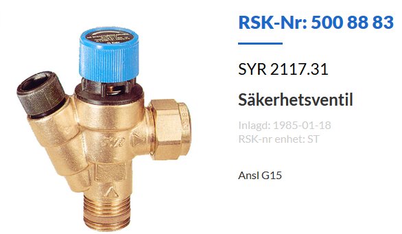 Säkerhetsventil i mässing med blått vred och produktinformation, modell SYR 2117.31.