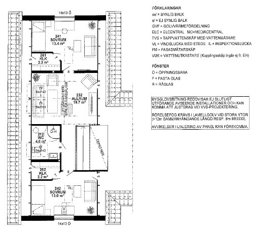 Arkitektonisk planritning av ett hus med etiketter för kök, vardagsrum, sovrum och entré, samt förklaringar av symboler.