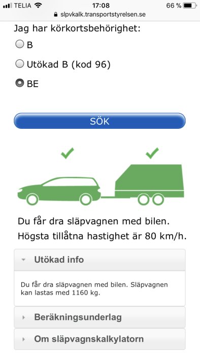 Skärmavbild av släpvagnskalkylatorn som indikerar tillåten dragning med BE-körkort.