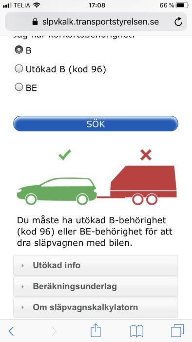Skärmdump av släpvagnskalkylator med ikoner för godkänd och ej godkänd kombination av bil och släp.