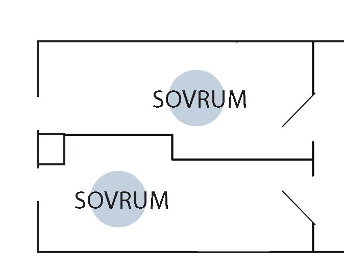 Planritning som visar uppdelning av stort sovrum i två mindre rum med begränsat utrymme mellan fönster.