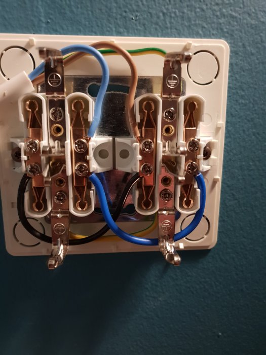 Öppet 4-vägs eluttag med synlig kabelanslutning; blå neutral, brun fas och gul/grön jordledare.