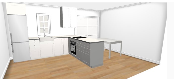 3D-ritning av köksdesign med vit och grå inredning, trägolv och inbyggd ugn.
