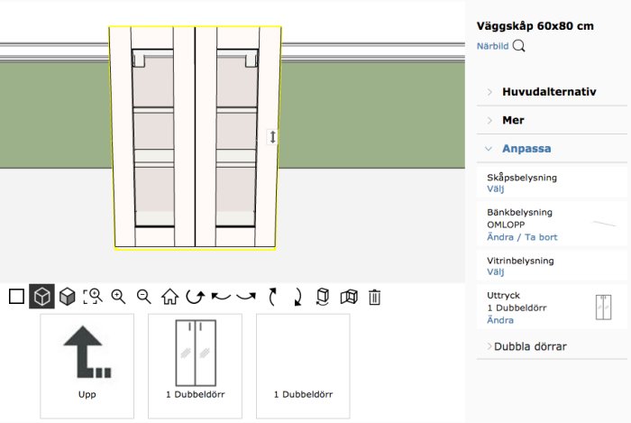 Skärmbild av ett planeringsverktyg visar ett designförslag för ett väggskåp med dubbeldörr.
