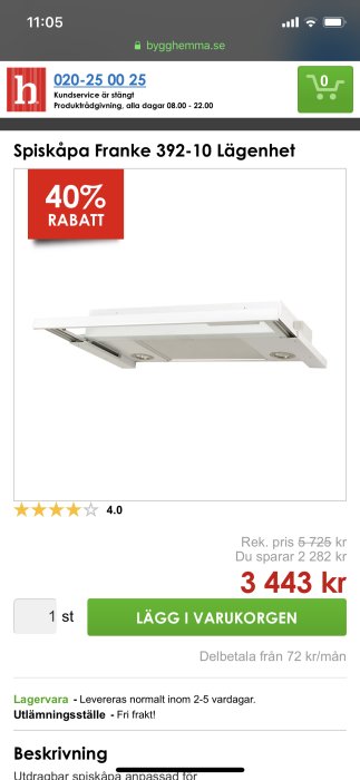Utdragbar vit spiskåpa Franke 392-10 med rabattmarkering och kundrecensioner på en webbplats.