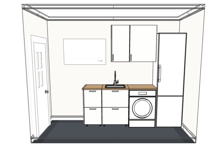 3D-ritning av en tvättstuga med IKEA-möbler, diskho, kran och tvättmaskin, samt en frånluftsvärmepump markerad som kylskåp.