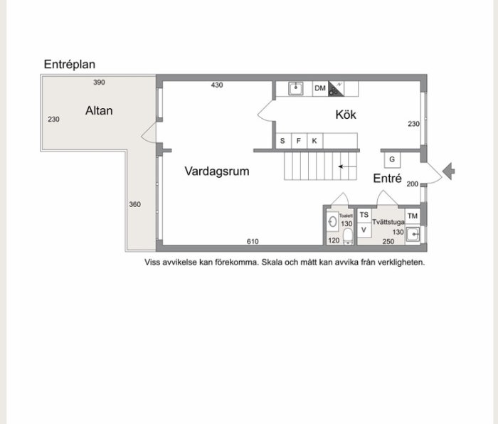 Ritning av entréplan till radhus med kök, entré, och vardagsrum med måttangivelser och möbleringsförslag.