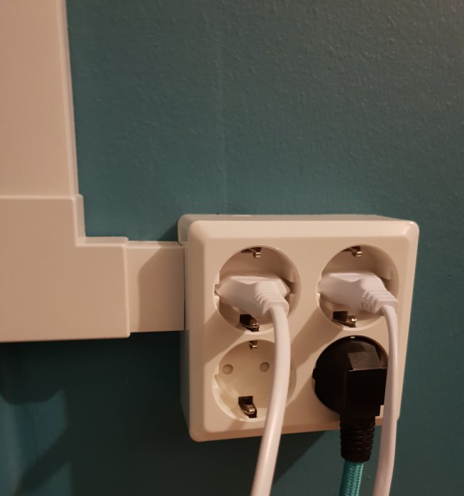 Dubbeluttag med vita sladdar anslutna och skyddande kåpa på vägg.