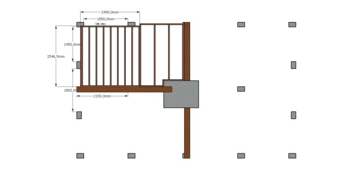 Teknisk ritning av ett bjälklag med dimensioner och placering av plintar för badrumsrenovering i timmerhus.