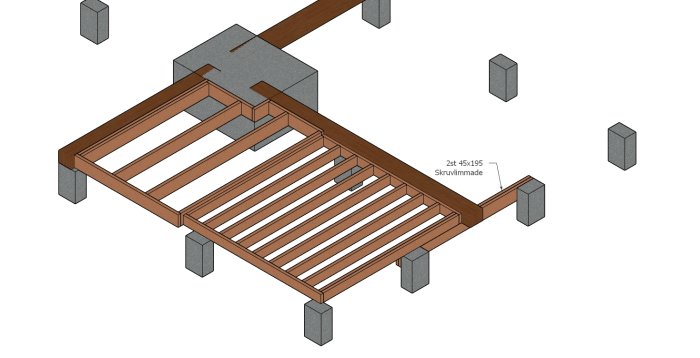 3D-ritning av ett bjälklagsplan med dimensioner och plintar för ett badrumsprojekt.