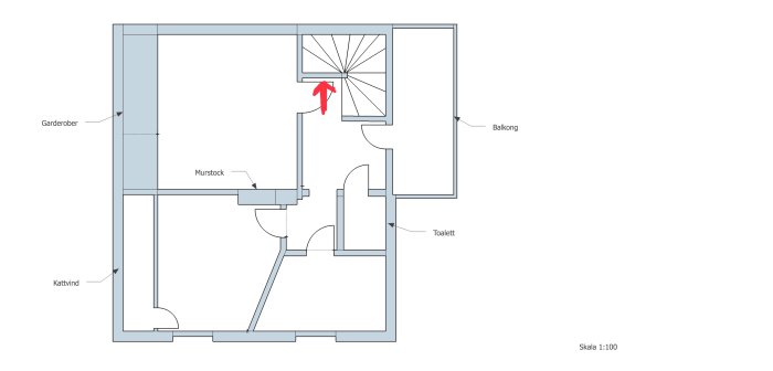 Ritning av husplan med röd pil som visar dörr och trapp till oisolerad vind.