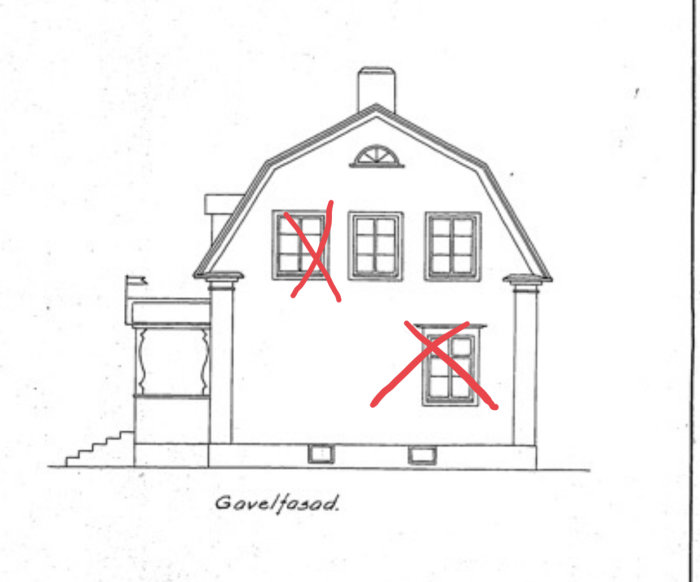 Ritning av gavel på hus med två fönster markerade med röda kryss.