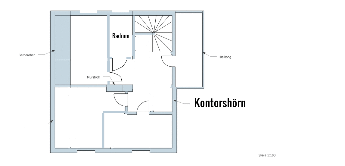 Ritning av en lägenhetsplan med ett omstrukturerat badrum nära ett fönster för naturligt ljus och angränsande kontorshörn.