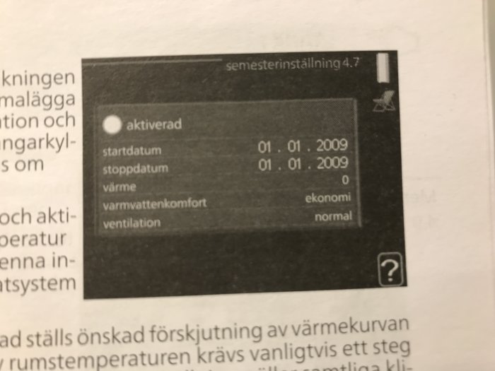 Menygränssnitt med inställningar för semesterläge daterat 01.01.2009 i en instruktionsbok.